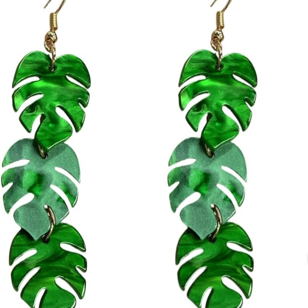 Green Palm Leaf Dangle Earrings for Women Girls Lightweight Resin Tropical Green